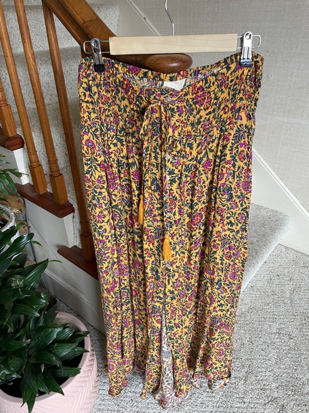 Cynthia Rowley Boho Yellow Floral Maxi Skirt with Tassel Tie